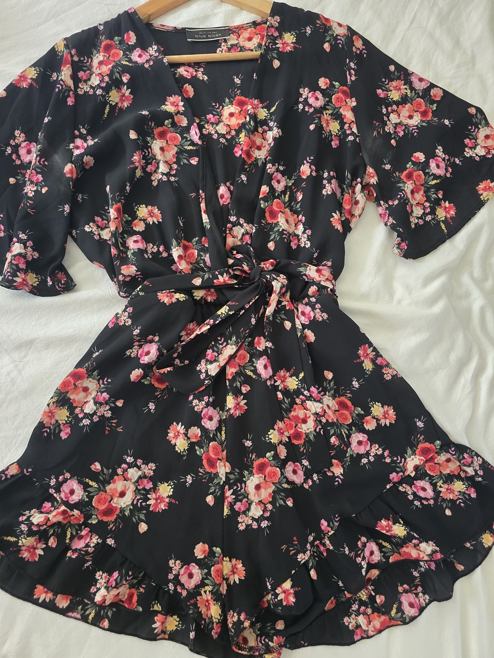 Black Floral Wrap Dress with Tie Waist